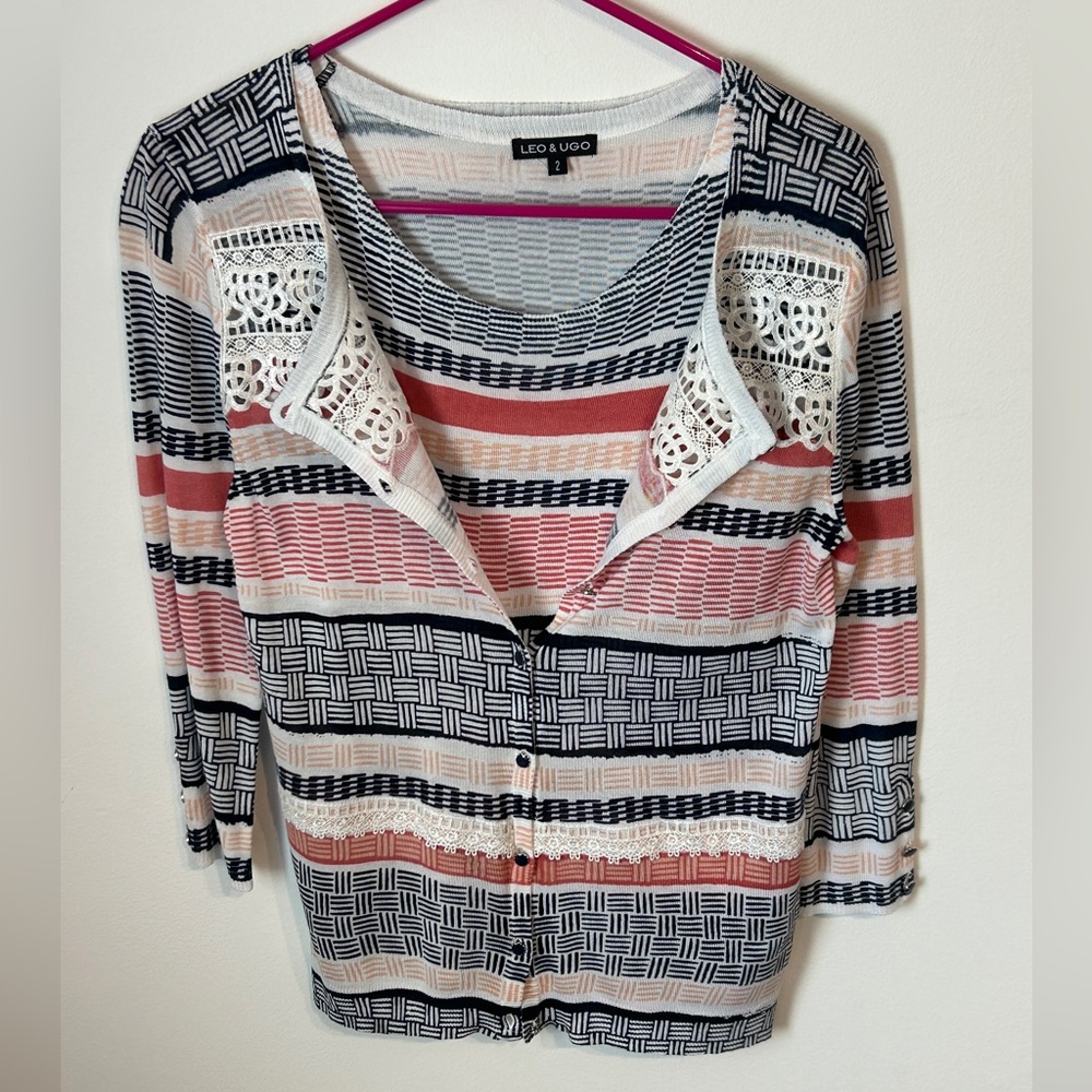 Leo & Ugo Sz 2 Women’s US Med (8-10) Striped Twin Set Tank & Cardigan 3/4 Sleeve